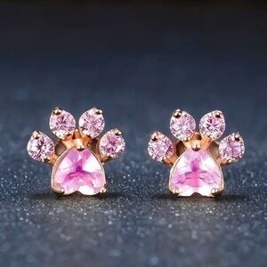 Pink Zircon Rose Gold Paw Print Earrings